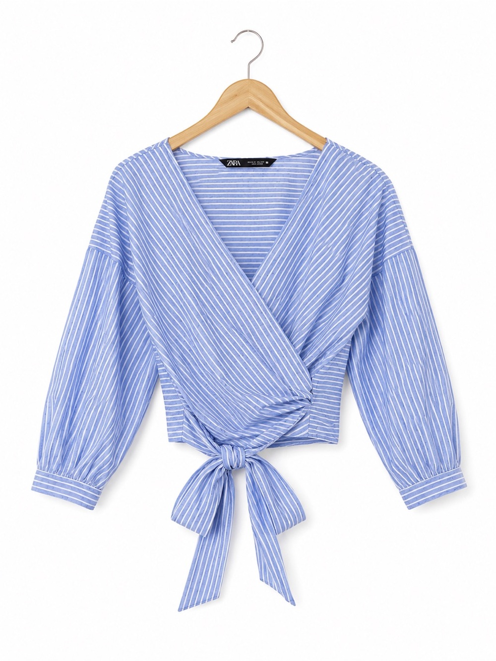 Zara Basic Blue Stripe Wrap Tie Crop Top Blouse Cottagecore Coastal S